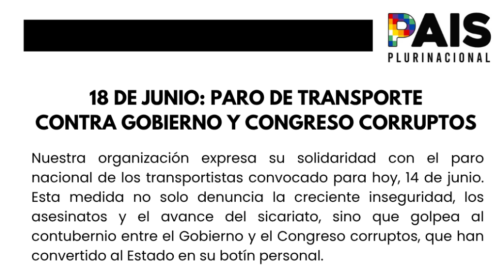 18 DE JUNIO: PARO DE TRANSPORTES CONTRA EL GOBIERNO Y CONGRESO CORRUPTOS